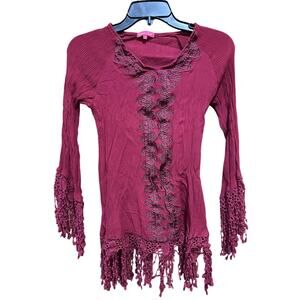 Emmas Closet Top Women Large Burgundy Boho Crochet Fringe Tunic Festival Rayon